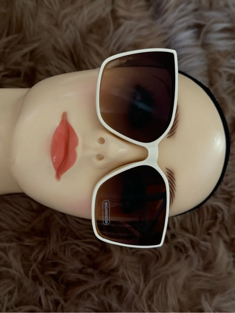 Futuristic sunglasses white cat eye brown lens gold chain style accents